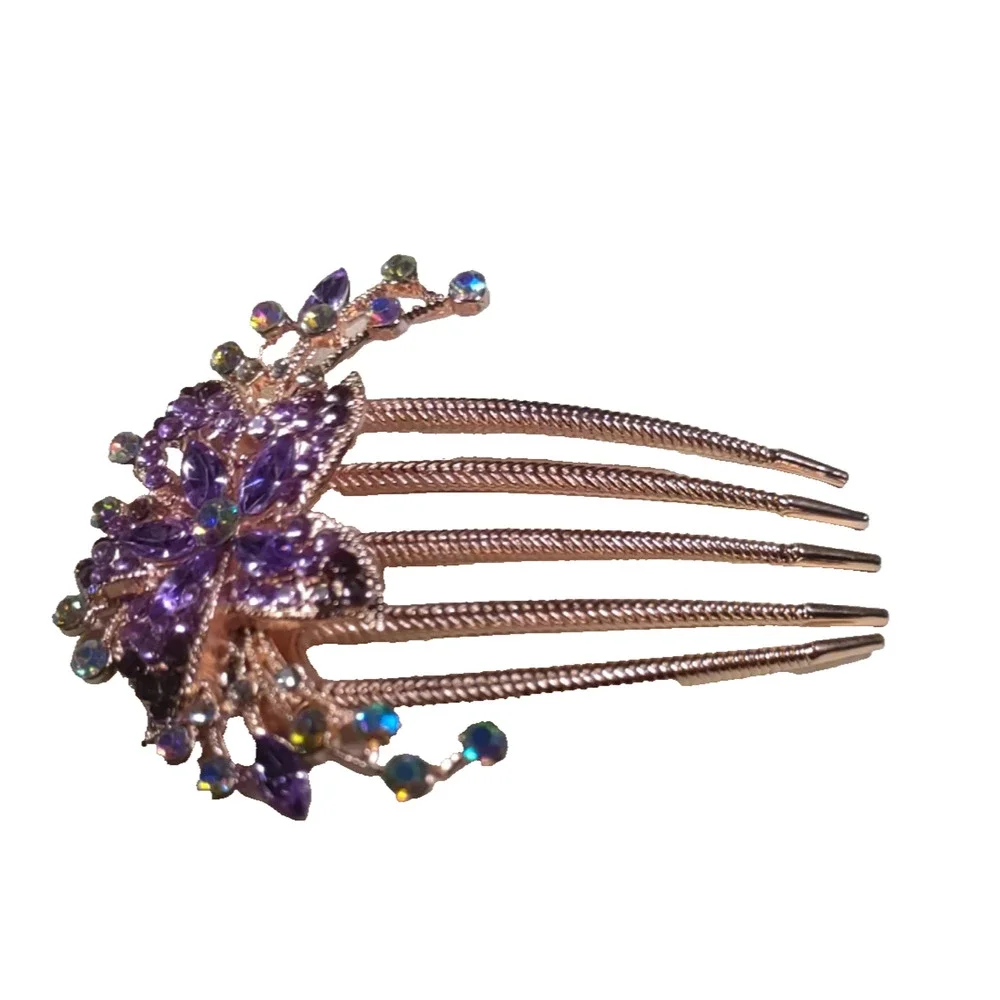 Hair Comb Barrette Purple Rose Gold Large Floral Hair Bun Updo